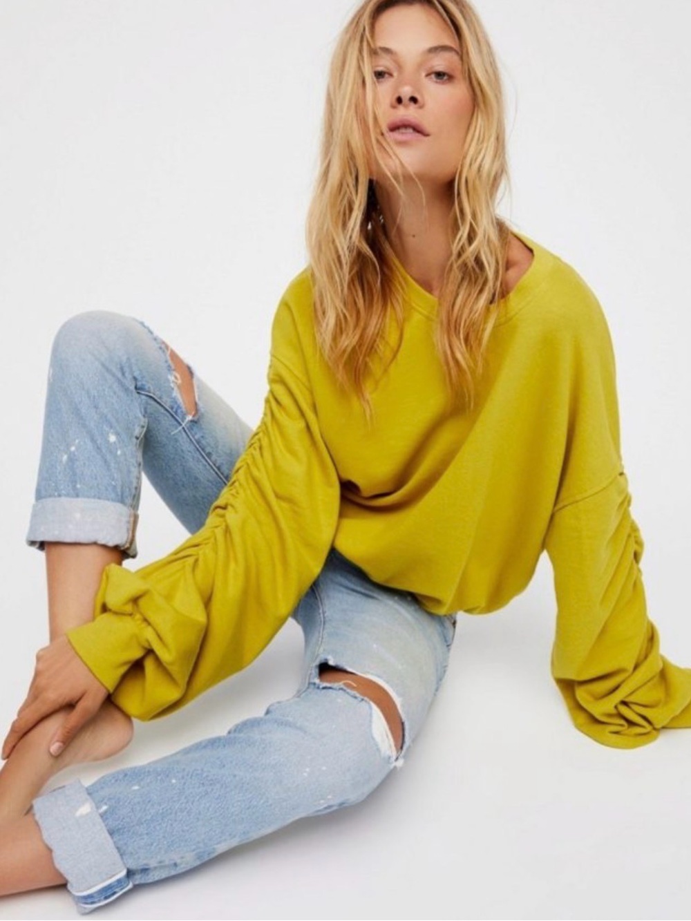 Free People Beach Ruched Sleeve Oversized Crewneck Sweatshirt NWOT Size Small